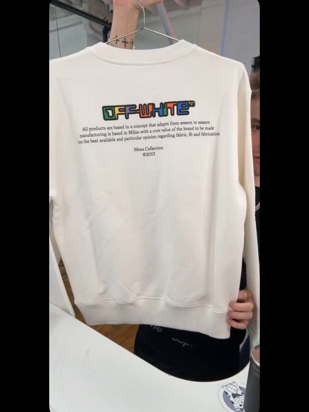 Off-White Cream Crewneck with Multicolor Block Logo